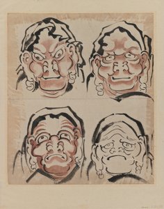 Skiss av fyra ansikten (bläck på papper) av Katsushika Hokusai