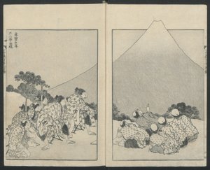 Glider ner till vänster, Fujis öppning höger från Hundra vyer över berget Fuji, 1834. av Katsushika Hokusai