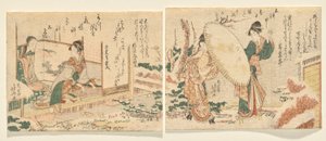 Snöig morgon: Två kvinnor går i en snötäckt trädgård i snögeta med ett paraply; L: Ung kvinna spelar koto och tittar på sin mamma av Katsushika Hokusai