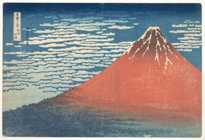 ”Sydvind, klar himmel” (Gaifū kaisei), även känt som ”Röda Fuji”, ur serien ”Trettiosex vyer av berget Fuji” (Fugaku sanjūrokkei) av Katsushika Hokusai