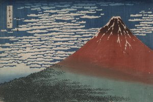 ”Sydvind vid klar gryning”, även känd som ”Röda Fuji”, ur serien ”Trettiosex vyer av berget Fuji” av Katsushika Hokusai