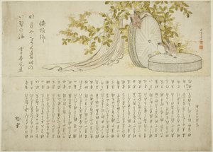 Sparvar på kvarnstenar med Hagibuskar av Katsushika Hokusai