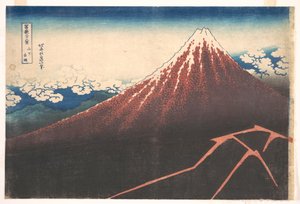 Storm vid foten av berget Fuji (Sanka no haku u), ur serien ”De trettiosex vyerna av berget Fuji” (Fugaku sanjūrokkei) av Katsushika Hokusai