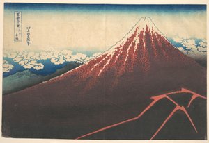 Storm vid foten av berget Fuji (Sanka no haku u), ur serien ”De trettiosex vyerna av berget Fuji” (Fugaku sanjūrokkei) av Katsushika Hokusai