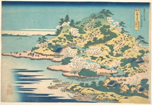 Tenpōzan vid Aji-flodens mynning i provinsen Settsu (Sesshū Ajikawaguchi Tenpōzan), ur serien ”Anmärkningsvärda vyer över broar i olika provinser” (Shokoku meikyō kiran) av Katsushika Hokusai