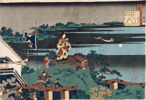 Den landsförvisade poeten Nakamaro, från serien "Hundra dikter som berättas av sjuksköterskan", publicerad ca 1838 av Katsushika Hokusai