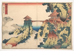 ”Den hängande molnbron” vid berget Gyōdō nära Ashikaga (Ashikaga Gyōdōzan kumo no kakehashi), ur serien ”Anmärkningsvärda vyer över broar i olika provinser” (Shokoku meikyō kiran) av Katsushika Hokusai