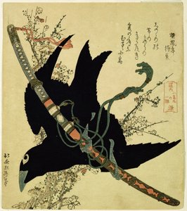 The Little Raven med Minamoto-klanens svärd, ca 1823 (träsnitt i färg) av Katsushika Hokusai