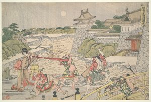 De 47 lojala rōninernas förbund (Chūshingura),  Akt III: Kampei attackeras av Bannai och hans män av Katsushika Hokusai