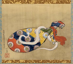 Lut och vit orm av Benten, Edo-perioden, 1847 (bläck och färg på silke) av Katsushika Hokusai
