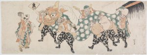 De sju lyckogudarna i en lejondans av Katsushika Hokusai