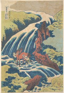 Vattenfallet där Yoshitsune tvättade sin häst i Yoshino i provinsen Yamato (Washū Yoshino Yoshitsune uma arai no taki), ur serien ”En rundtur bland vattenfall i olika provinser” (Shokoku taki meguri) av Katsushika Hokusai