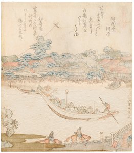 Sumidaflodens stränder, Komatomeishi. Triptyk från serien Umazukushi, Central del, 1822 av Katsushika Hokusai