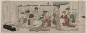 Tsukasa och andra kurtisaner från Ogiya som ser höstmånen gå upp..., 1799. av Katsushika Hokusai