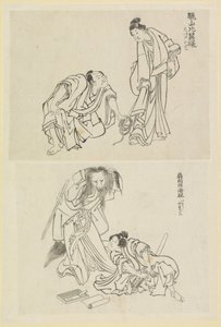 Två scenscener, en med en man och en kvinna och en med en man och en rävkvinna av Katsushika Hokusai