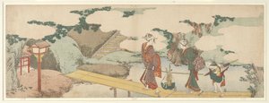 Två kvinnor och en pojke på strandpromenaden av Katsushika Hokusai