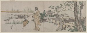 Två kvinnor och ett barn bredvid en guldfisktank av Katsushika Hokusai