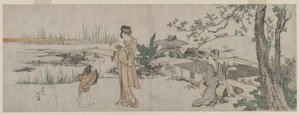 Två kvinnor och ett barn bredvid en guldfisktank, ca. 1800. av Katsushika Hokusai