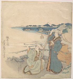 Två unga damer vid stranden; en av dem pekar av Katsushika Hokusai