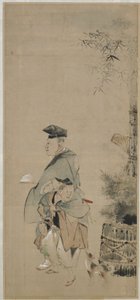 Två underhållare som promenerar på det nya året, Edo-perioden, ca 1830-32 (bläck och färg på papper) av Katsushika Hokusai