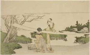 Två kvinnor sträcker tyg av Katsushika Hokusai