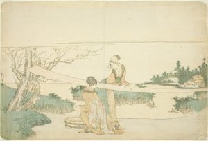 Två kvinnor sträcker tyg av Katsushika Hokusai