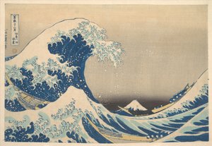 ”Under vågen utanför Kanagawa” (Kanagawa oki nami ura), även känd som ”Den stora vågen”, ur serien ”Trettiosex vyer av berget Fuji” (Fugaku sanjūrokkei) av Katsushika Hokusai