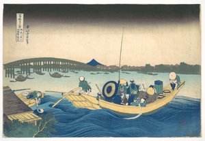 Utsikt över solnedgången över Ryōgoku-bron från Onmaya-stranden (Onmayagashi yori Ryōgokubashi sekiyō o miru), ur serien ”De trettiosex vyerna av berget Fuji” (Fugaku sanjūrokkei) av Katsushika Hokusai