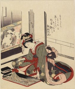 Kvinna som arrangerar Bonkei, 1820-1834 av Katsushika Hokusai