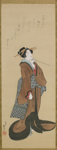 Kvinna som håller en tobakspipa, Edo-period, ca 1814-15 (bläck och färg på siden) av Katsushika Hokusai