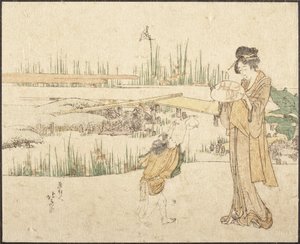 Kvinna och barn i en trädgård; fragment av ”Guldfiskförsäljaren” av Katsushika Hokusai