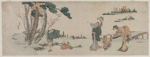 Kvinnor som distraherar ett barn vars drake fångas i ett träd, ca. 1800. av Katsushika Hokusai