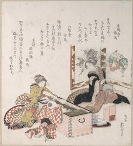 Kvinnor som tillagar te runt eldstaden av Katsushika Hokusai