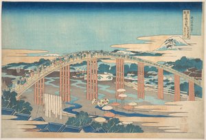 Yahagi-bron vid Okazaki längs Tōkaidō (Tōkaidō Okazaki Yahagi no hashi), ur serien ”Anmärkningsvärda vyer över broar i olika provinser” (Shokoku meikyō kiran) av Katsushika Hokusai