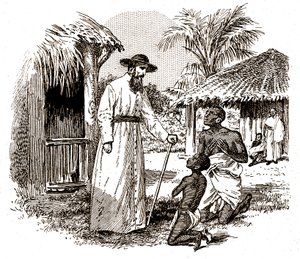 En katolsk missionär i Afrika som utövar en omvändelse på ett barn och hans far, ca 1900 (gravyr) av 