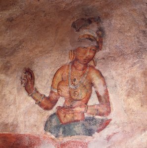 Apsaras, himmlische Nymphe, die ein Opfer darbringt, Fresko, befestigte Zitadelle von Sigiriya (UNESCO-Welterbeliste)
