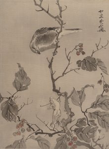 Fågel och groda, ca. 1887. av Kawanabe Kyosai