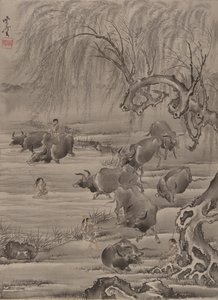 Buffalo and Herdsman, ca. 1887. av Kawanabe Kyosai