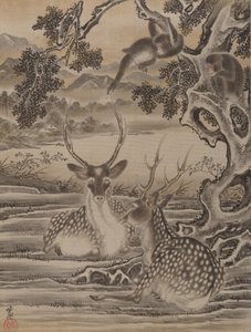 Rådjur och apor, ca. 1887. av Kawanabe Kyosai