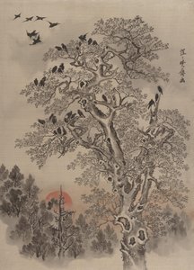 Flock av kråkor vid Dawn, ca. 1887. av Kawanabe Kyosai