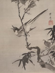 Sjungande fågel på en gren, ca. 1887. av Kawanabe Kyosai