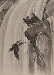 Svalor vid ett vattenfall, ca. 1887. av Kawanabe Kyosai
