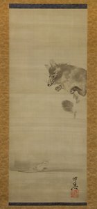 Tanuki Racoon Dog tittar på sin reflektion i vatten, sent 1800-tal. av Kawanabe Kyosai