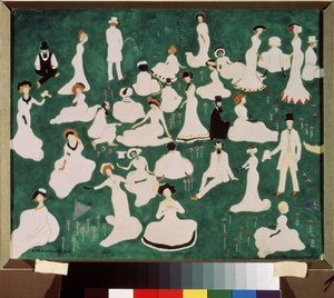 Avslappning. Högt samhälle i höga hattar. (Avkopplande. High Society in Top Hats). Scen för nöje och avkoppling på gräsmattan i en park. Verk av Kasimir Severinovich Malevitch (Malevich, Malevic) (1878-1935), akvarell, gouache och tusch på av Kazimir Severinovich Malevich