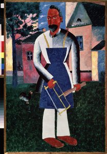 Sommarboende. (Sommarboende). Framför en landsby på sommaren, porträtt av en snickare, barfota, i ett förkläde som håller sina verktyg. Målning av Kasimir Severinovich Malevitch (Malevich, Malevic) (1878-1935), olja på trä av Kazimir Severinovich Malevich