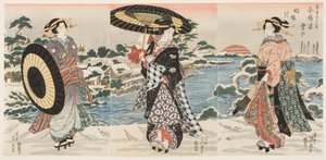 Moderna figurer i gryningen på en snöig dag (Imayō sugata yuki no akebono) av Keisai (1790 1848) Eisen