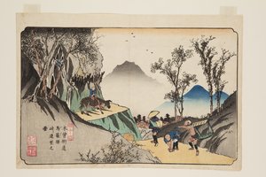 Nr. 44, Magome Station: Avlägsen utsikt från passet (Magome eki, t?ge yori enb? no zu) (träblock i färg) av Keisai Eisen