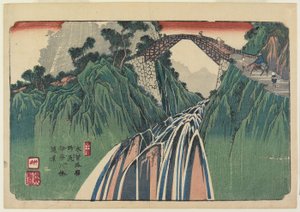 Nr. 41, Nojiri: Avlägsen utsikt över Ina River Bridge, 1835-38 av Keisai Eisen