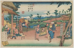Nummer 9: Utsikt över Hatchō-vallen vid Kumagaya station, ur serien ”Längs Kisovägen” av Keisai Eisen