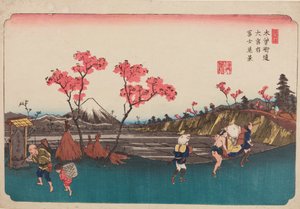 Omiya, rosa träd längs vägen, bild 5 i serien: De sextionio etapperna på Kisokaido-vägen / Kisokaido rokujukyu tsugi-no uchi av Keisai Eisen